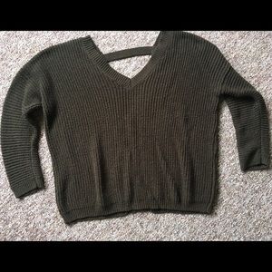Olive green sweater, deep V back cutout
